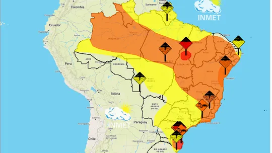 Inmet emite alerta laranja de perigo de chuvas para 23 estados; cinco estão com alerta vermelho