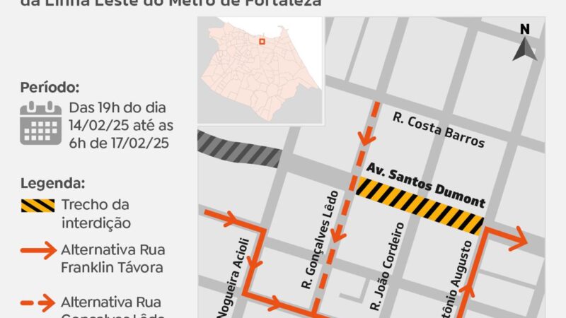 Trecho da Avenida Santos Dumont tem bloqueio para avanço das obras do Metrô de Fortaleza